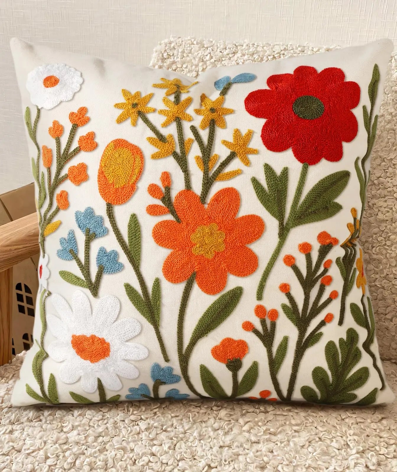 Faux Embroidery Floral Print Double Sided Throw Pillow Cover Decorative Case