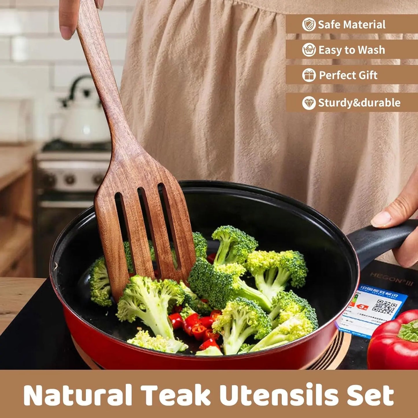 Natural Teak Five Piece Wooden Utensil Set for Nonstick Pans