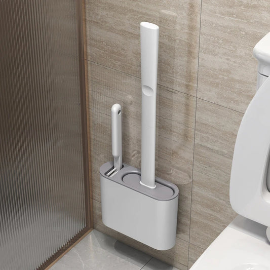 Wall Hanging Toilet Brush With Holder, Long Handle Silicone Bristles