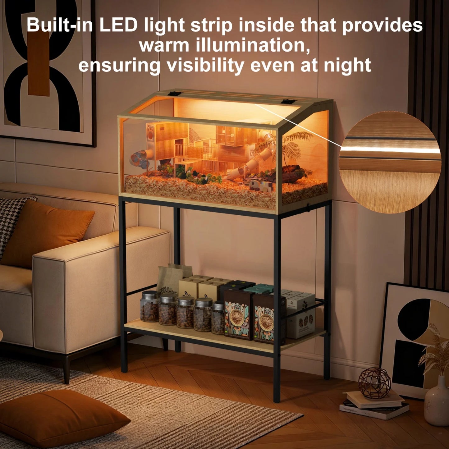 Wooden Hamster Guinea Pig Cage Tempered Glass Led Light Habitat