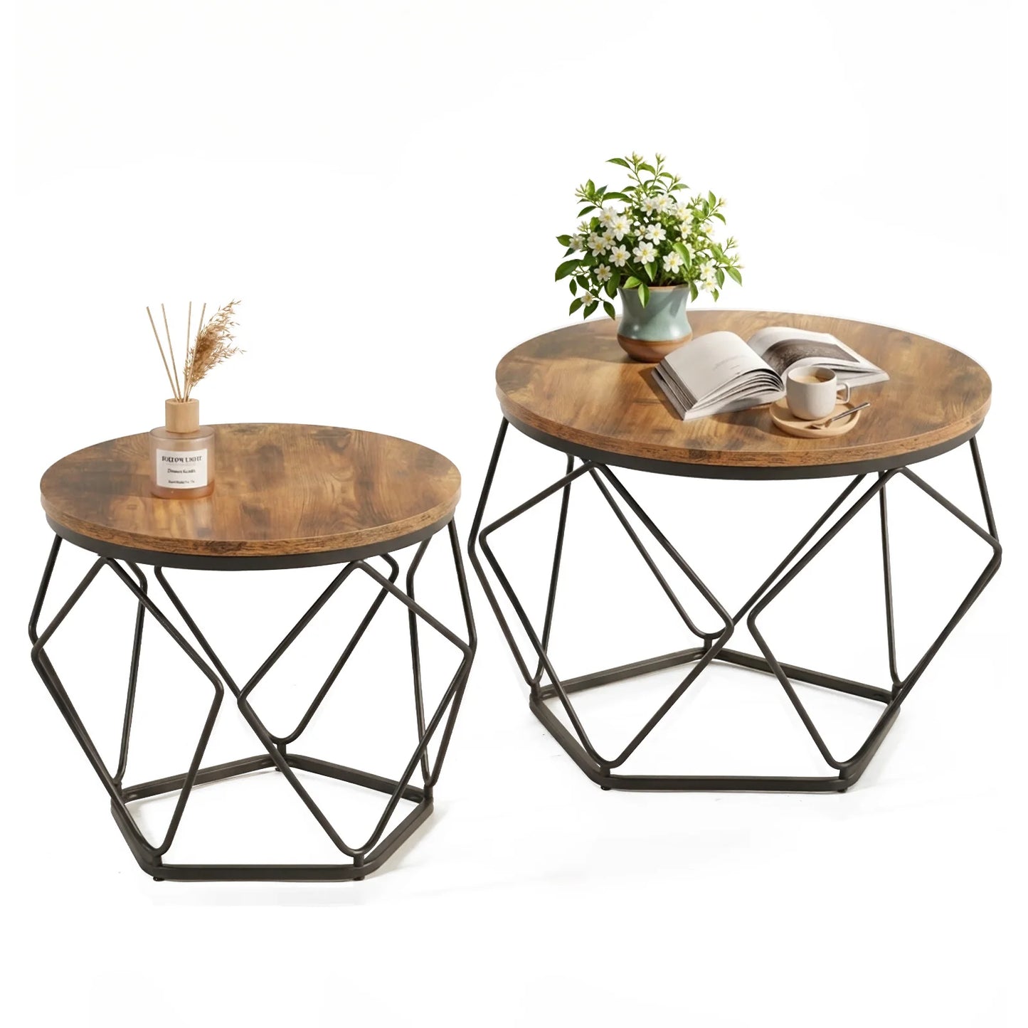 JHK Round Nesting Coffee Tables Metal Frame Storage Living Room