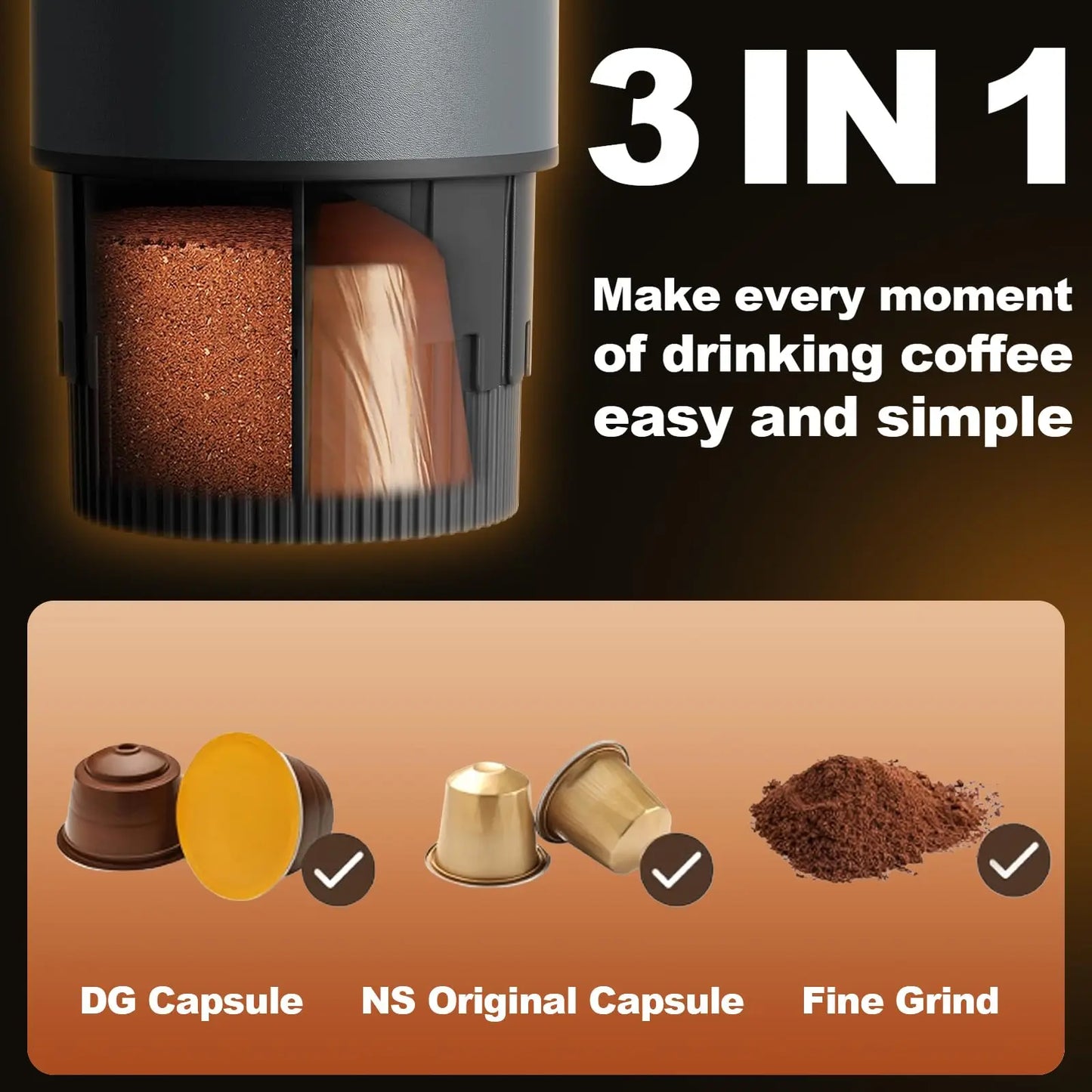 Portable 3in1 Electric Espresso Coffee Maker With Rechargeable Self Heating