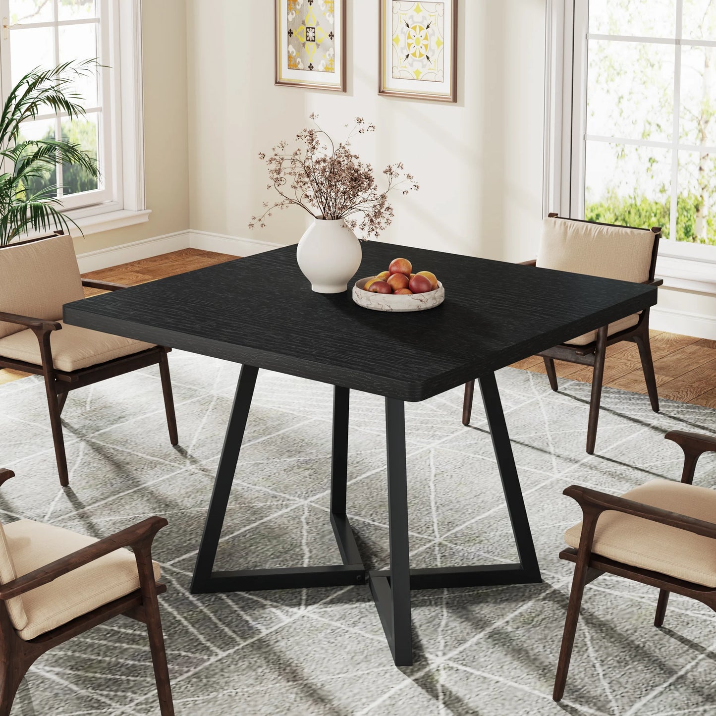 Tribesigns Square Industrial Dining Table Wood Metal Base Kitchen Furniture, No Chairs