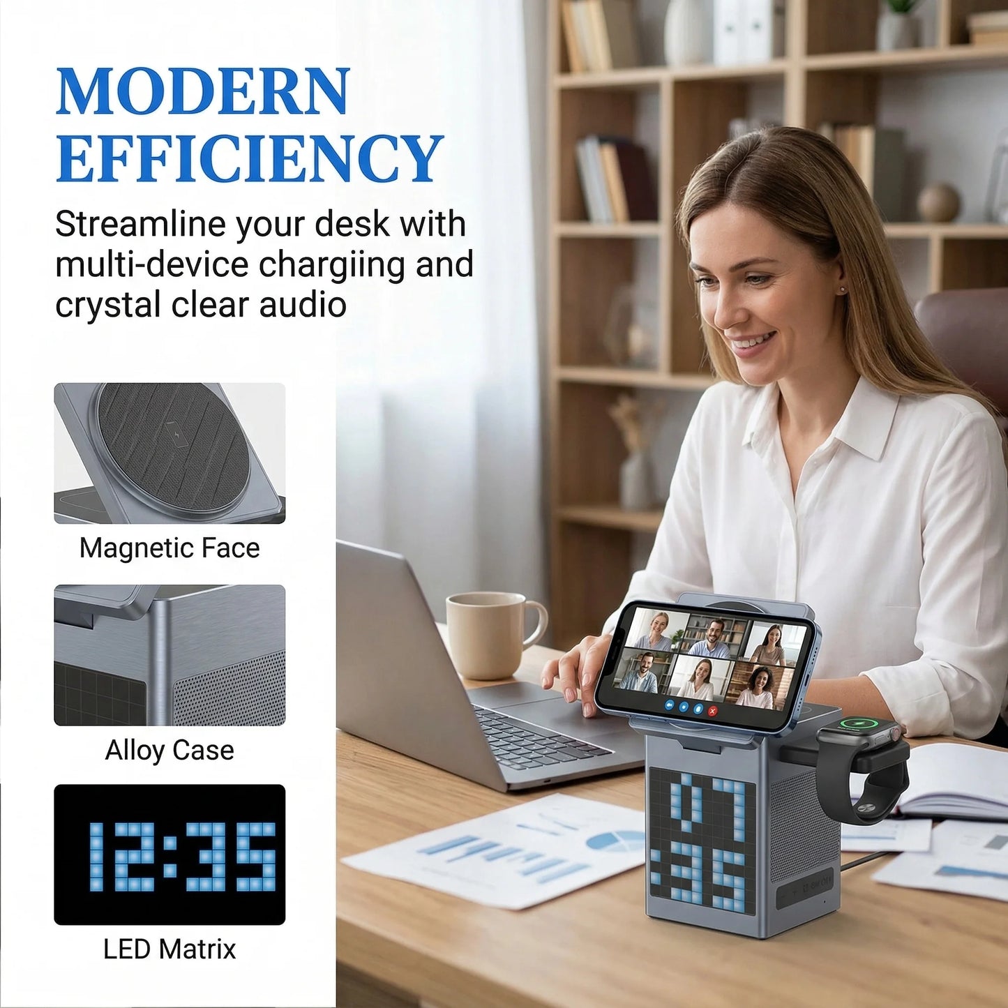6 In 1 RGB Pixel Wireless Charger Alarm Clock Speaker