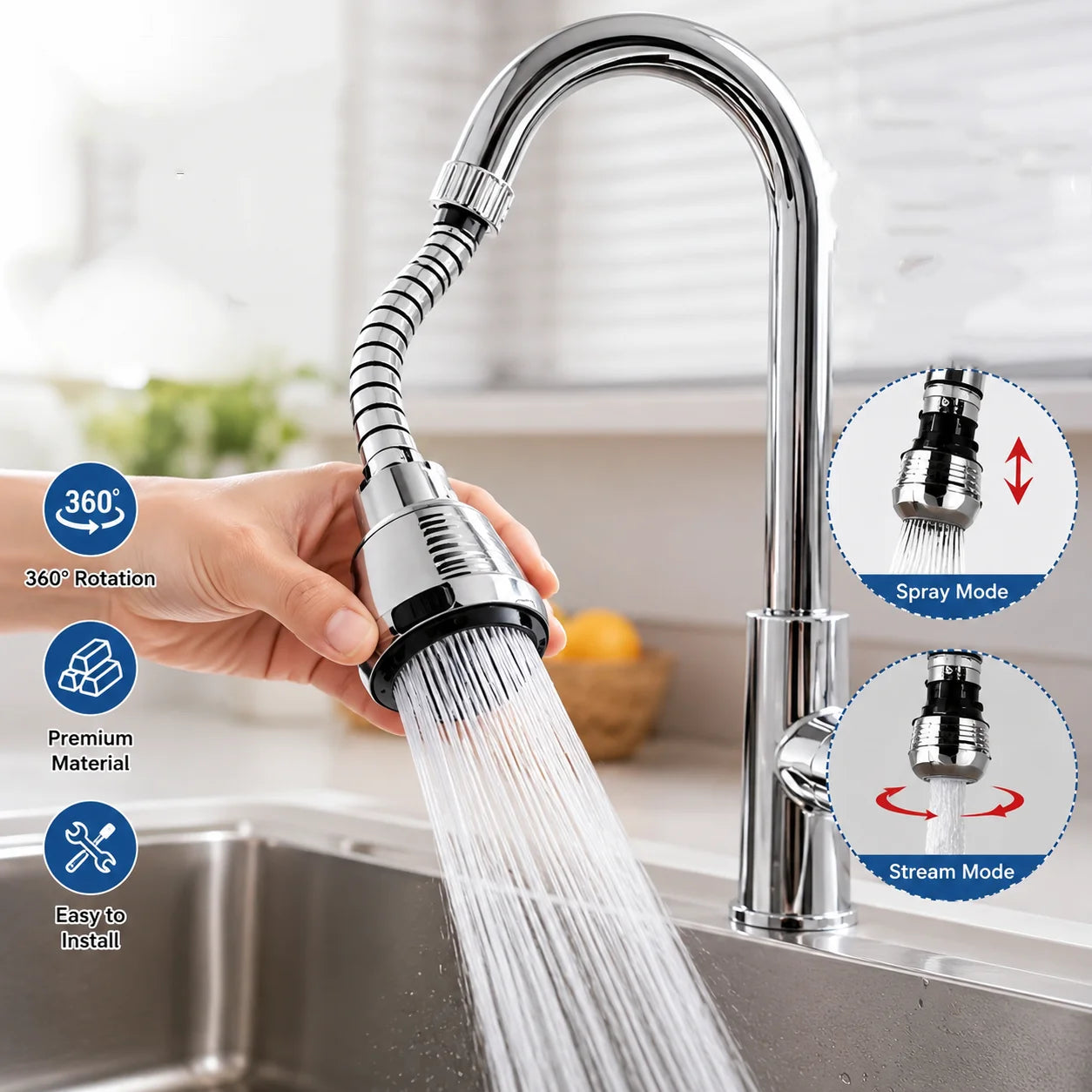 Stainless Steel Kitchen Faucet Sprinkler Water Saving Extender Rotating Spray