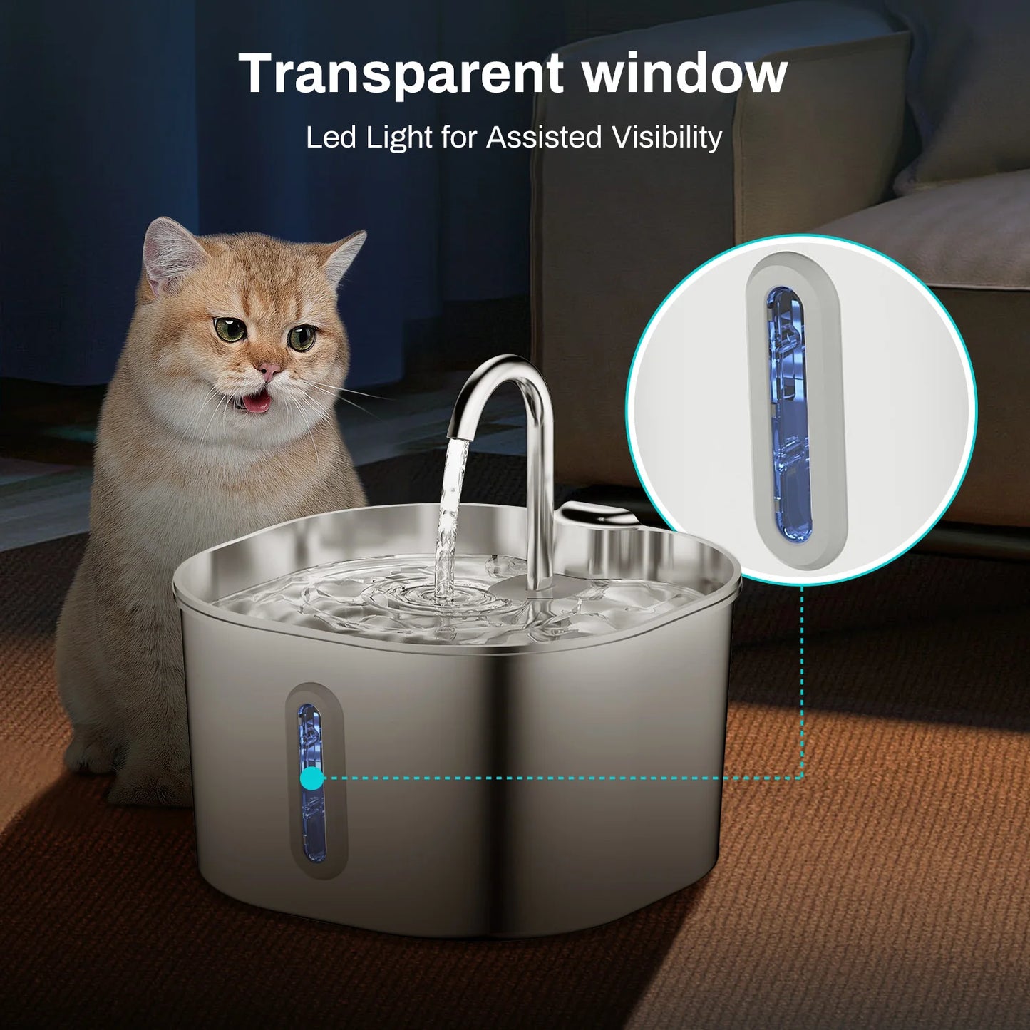 Stainless Steel Cat And Dog Water Fountain 2.2L LED Window