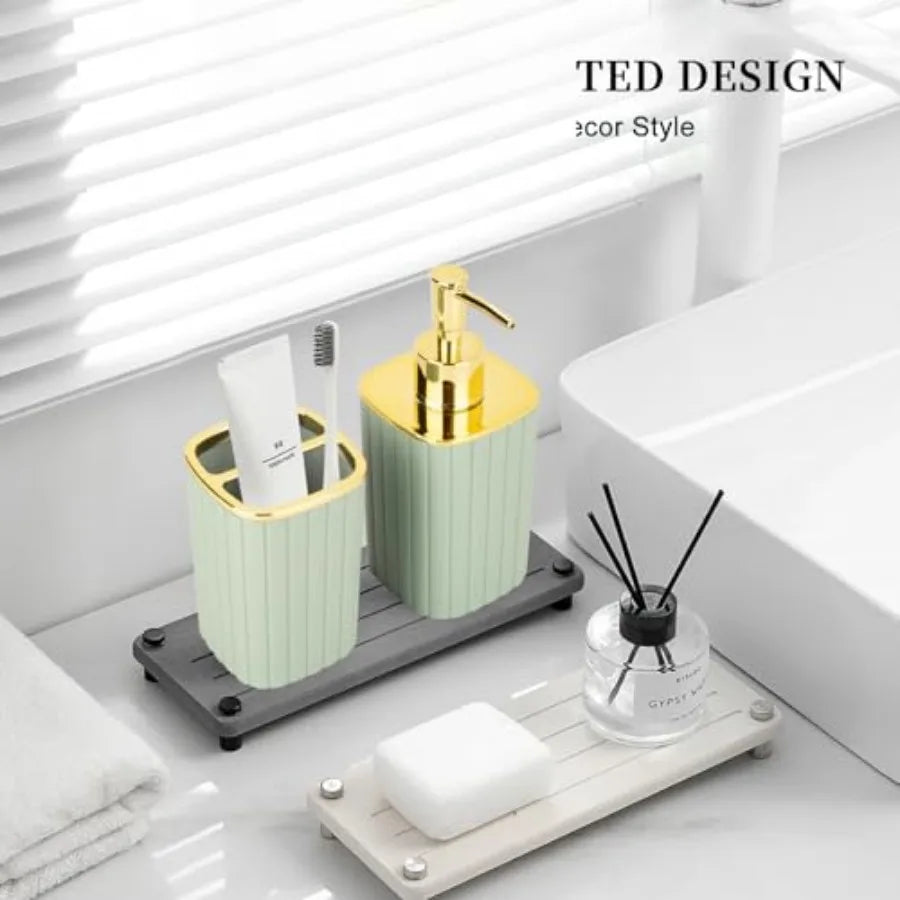 Bohemian Bamboo Bathroom Set With Soap Dispenser And Brush Holder