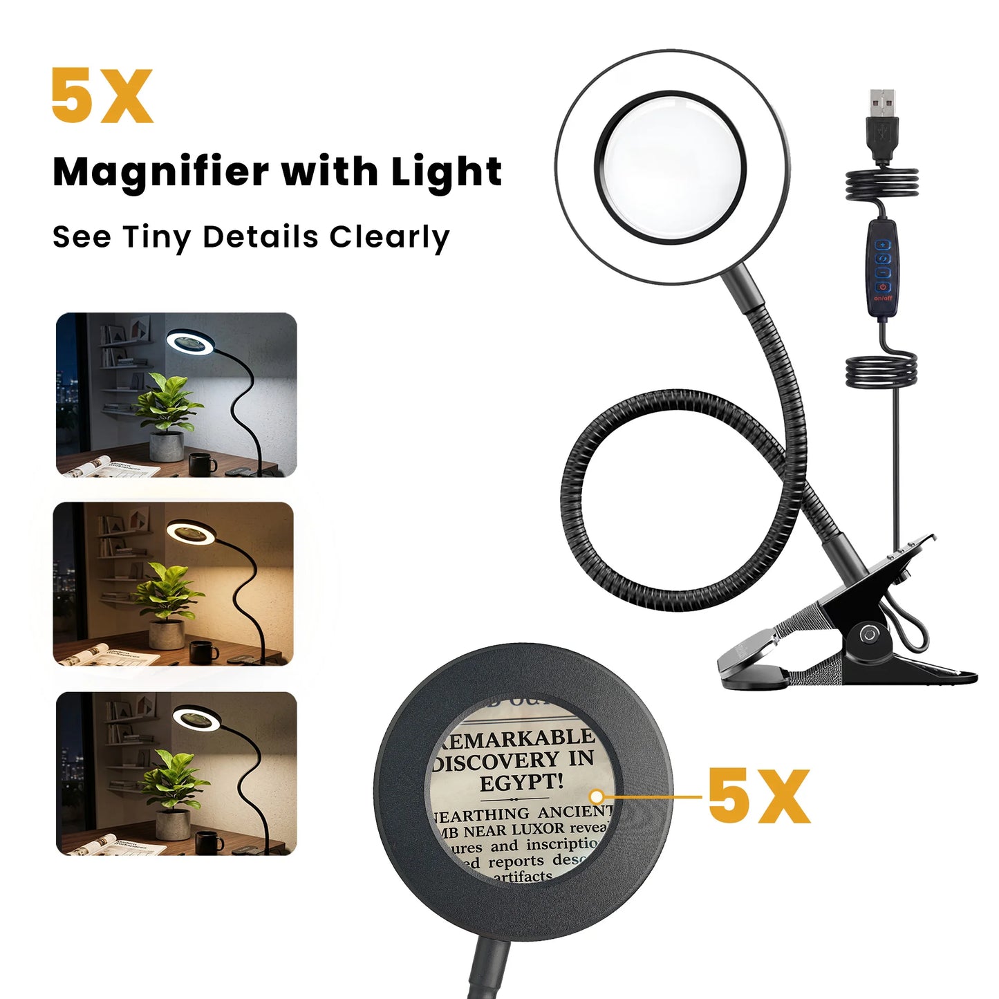 Smeileas LED Magnifying Clamp Lamp With Three Color Modes