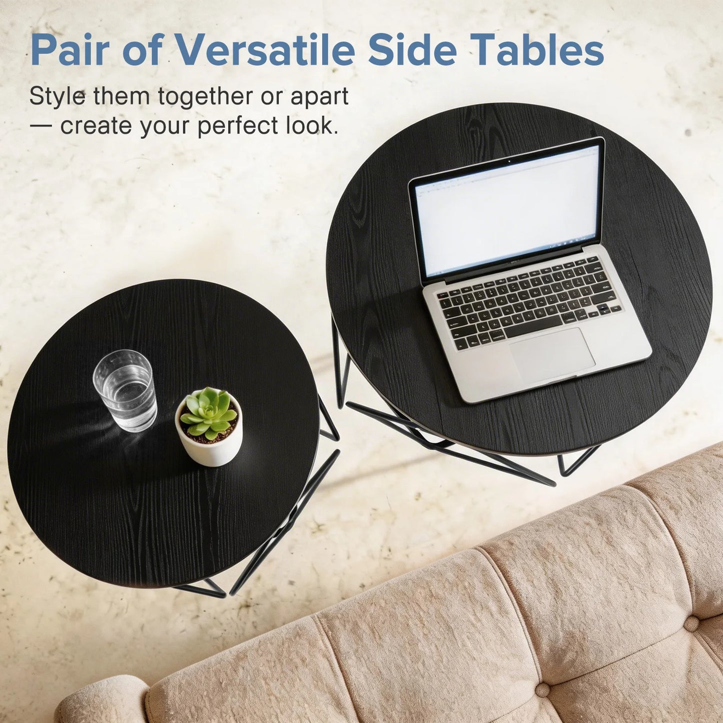 JHK Round Nesting Coffee Tables Metal Frame Storage Living Room