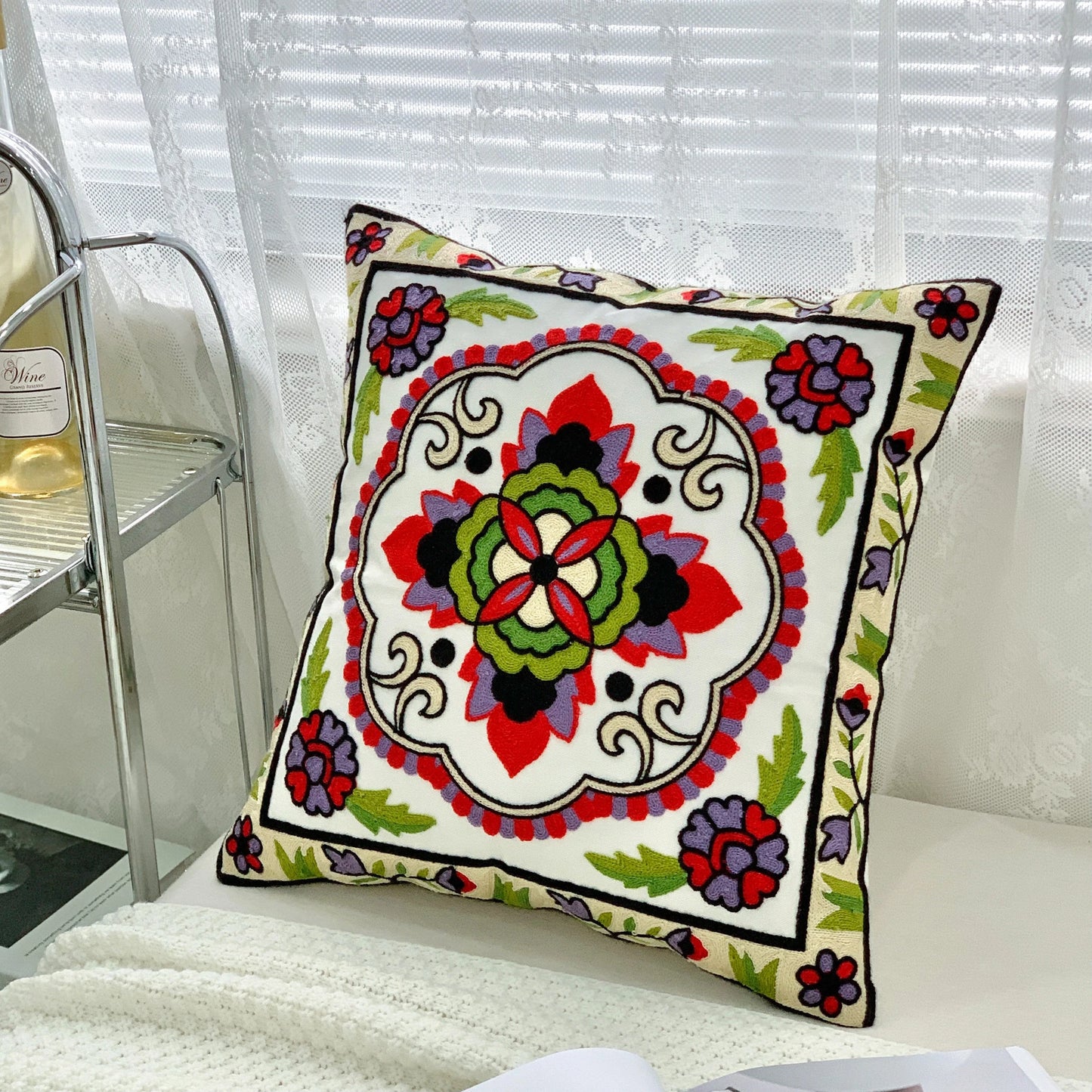 Ethnic Style Floral Embroidered Cotton Pillow Cover