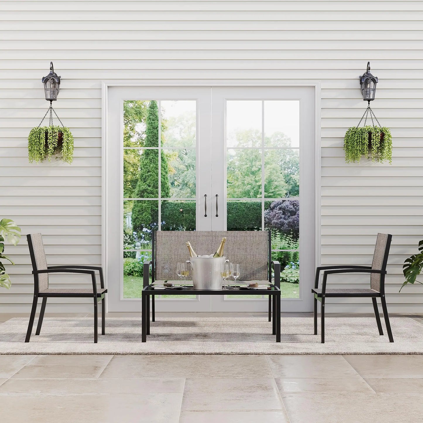 HobbyLane Modern 4 Piece Metal Patio Set With Mesh Table