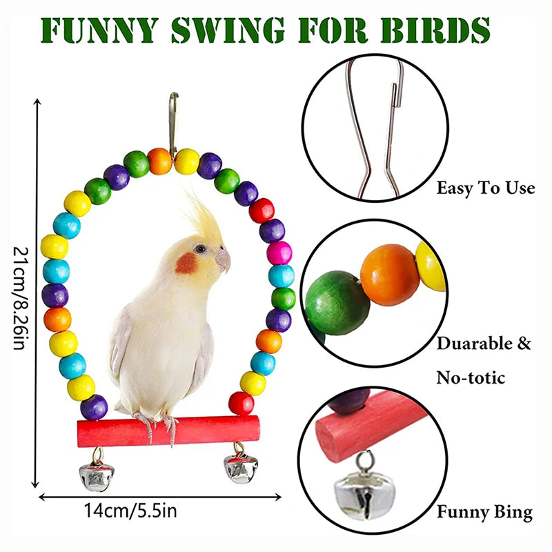 7-Piece Wood Parrot Toys Set With Swing Bridge Balls Bells