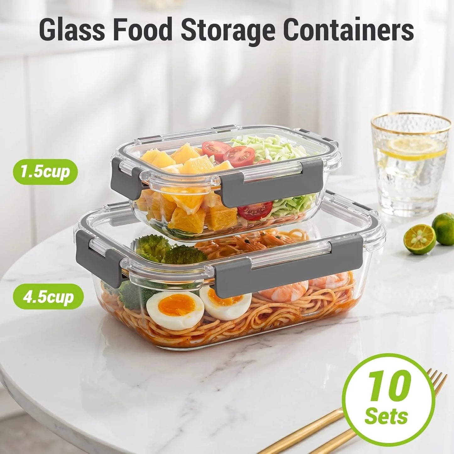 Glass Food Storage Containers With Lids, 20 Piece, 4.5 Cup And 1.5 Cup Capacity
