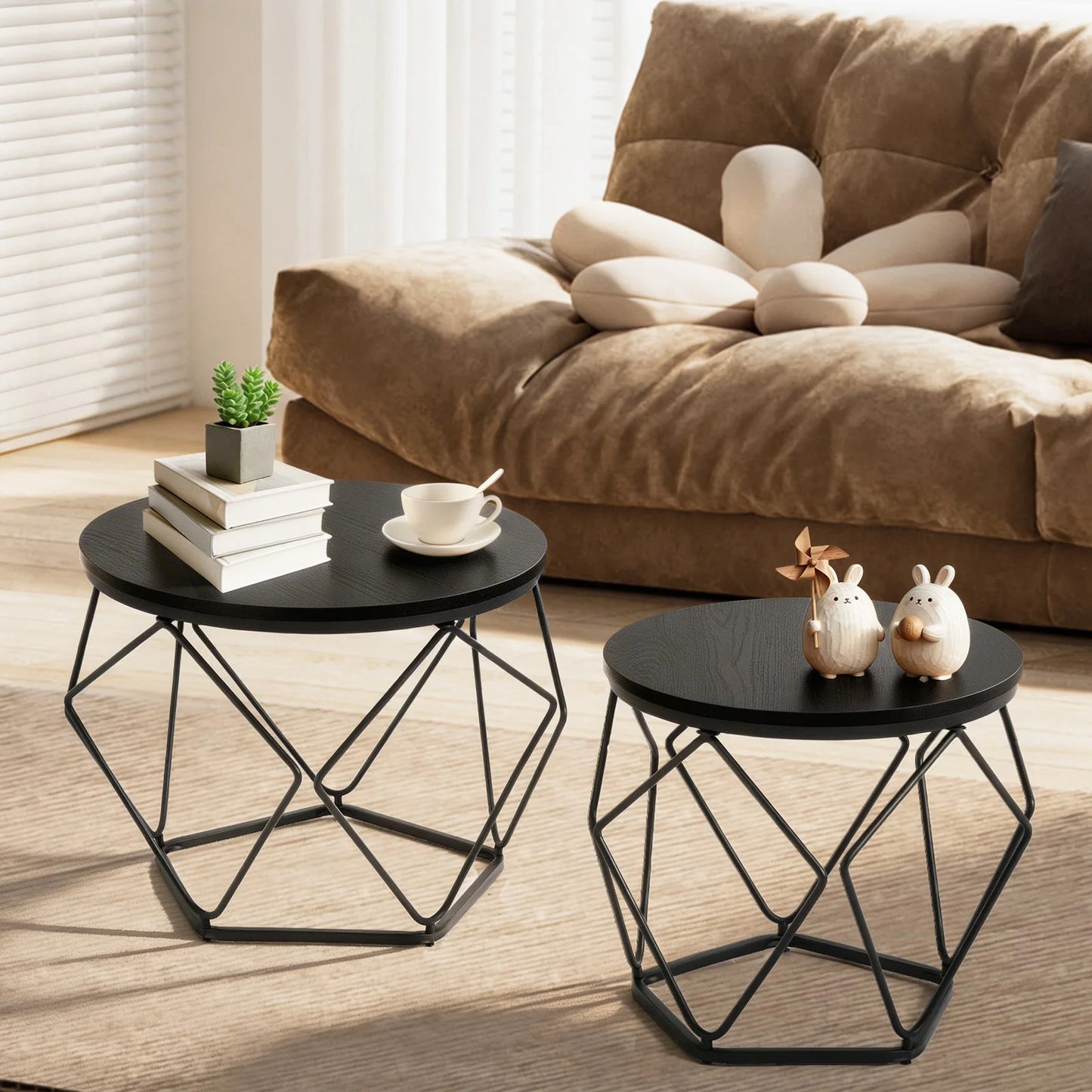 JHK Round Nesting Coffee Tables Metal Frame Storage Living Room