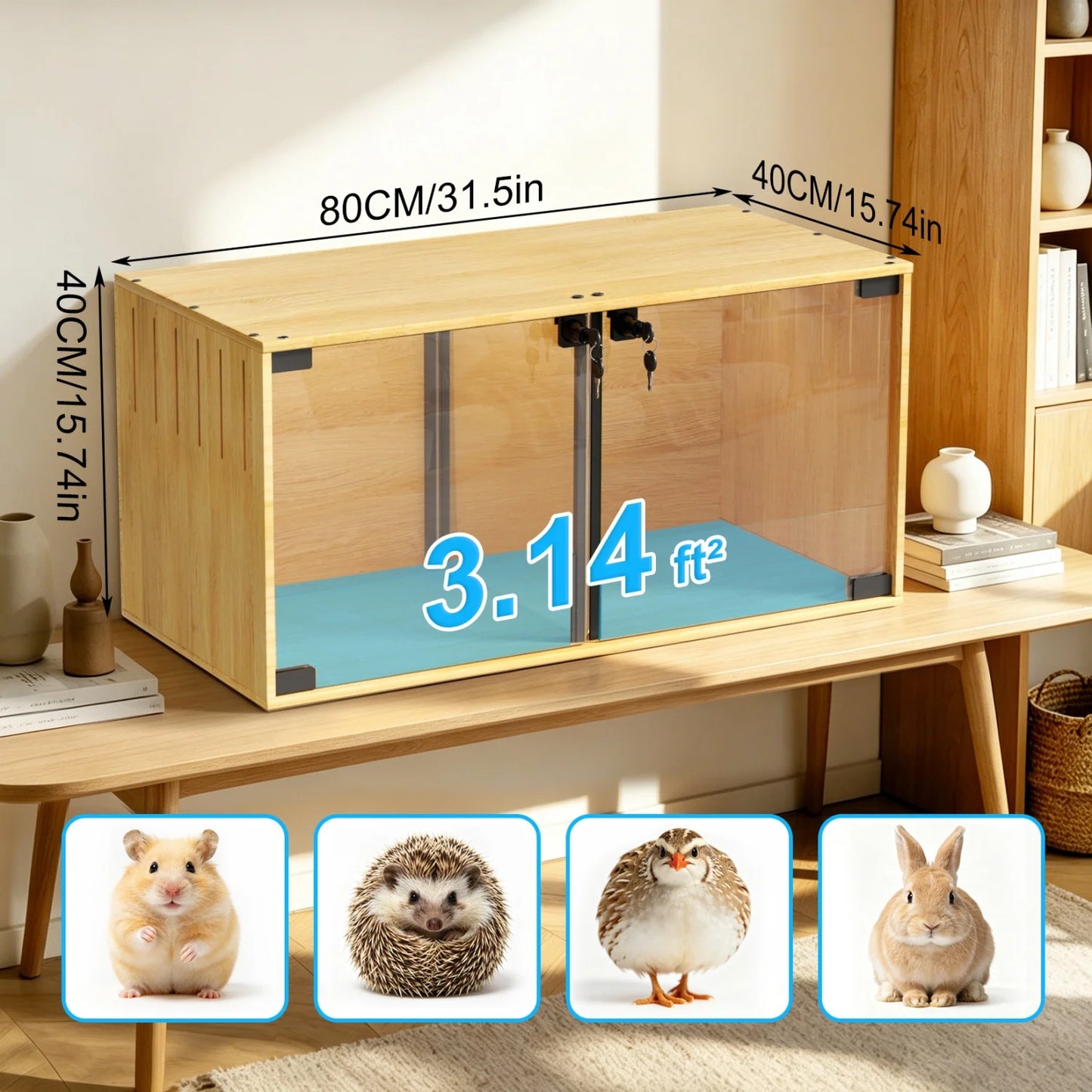 Wooden Small Animal Cage With Tempered Glass For Hamsters Mice