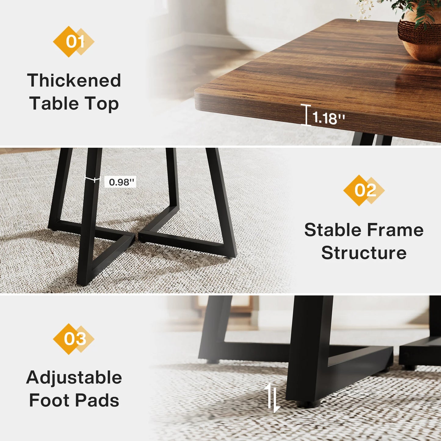 Tribesigns Square Industrial Dining Table Wood Metal Base Kitchen Furniture, No Chairs