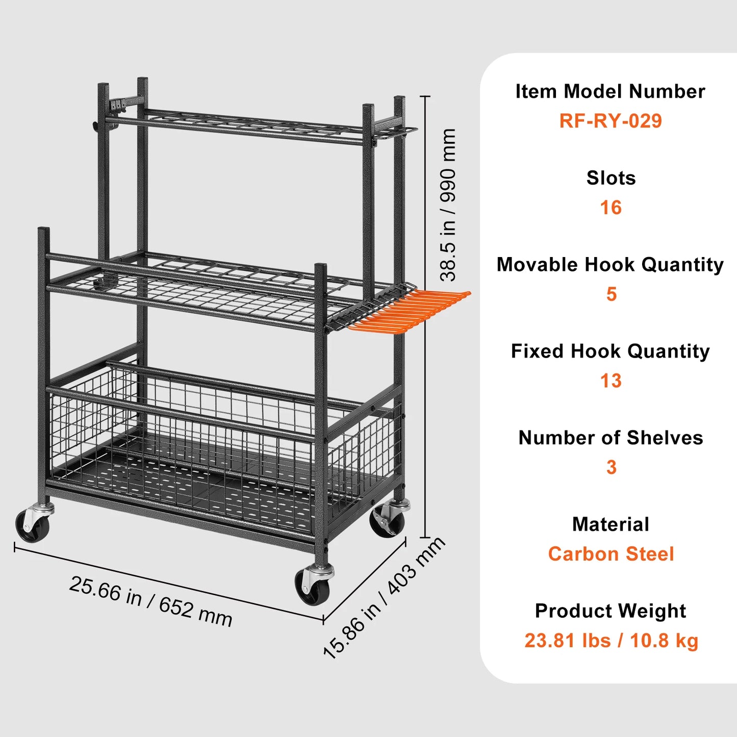 16 Slots Garden Tool Organizer Rack With Hooks And Wheels