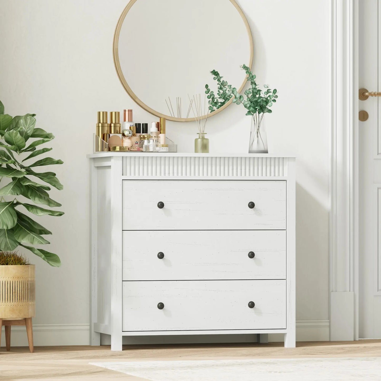 31.5 Inch Fluted Nightstand With 3 Drawers, Natural Oak Finish Wood Bedside Table, Large Modern End Table For Bedroom Storage