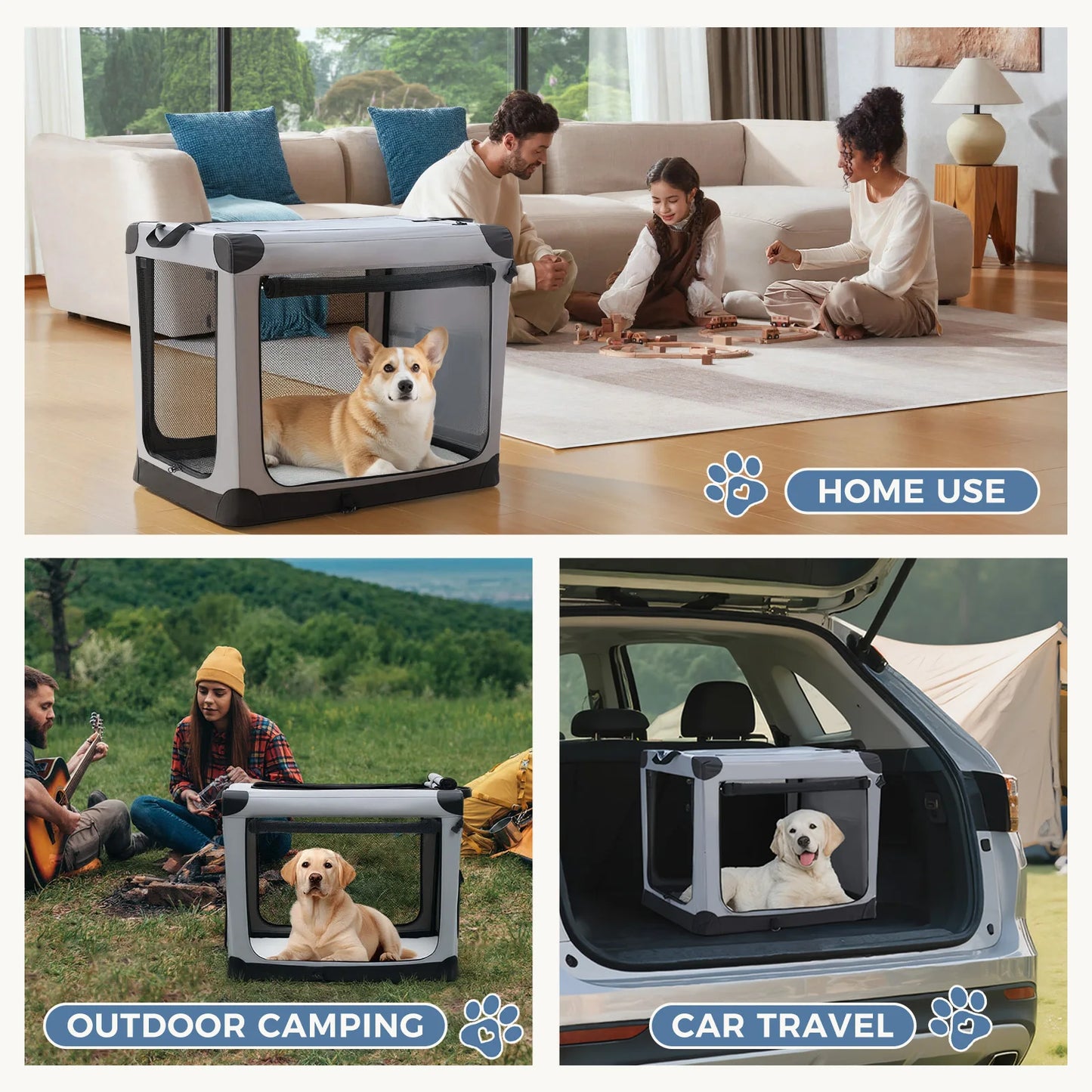 JHK Foldable Soft Dog Crate With Three Doors Indoor