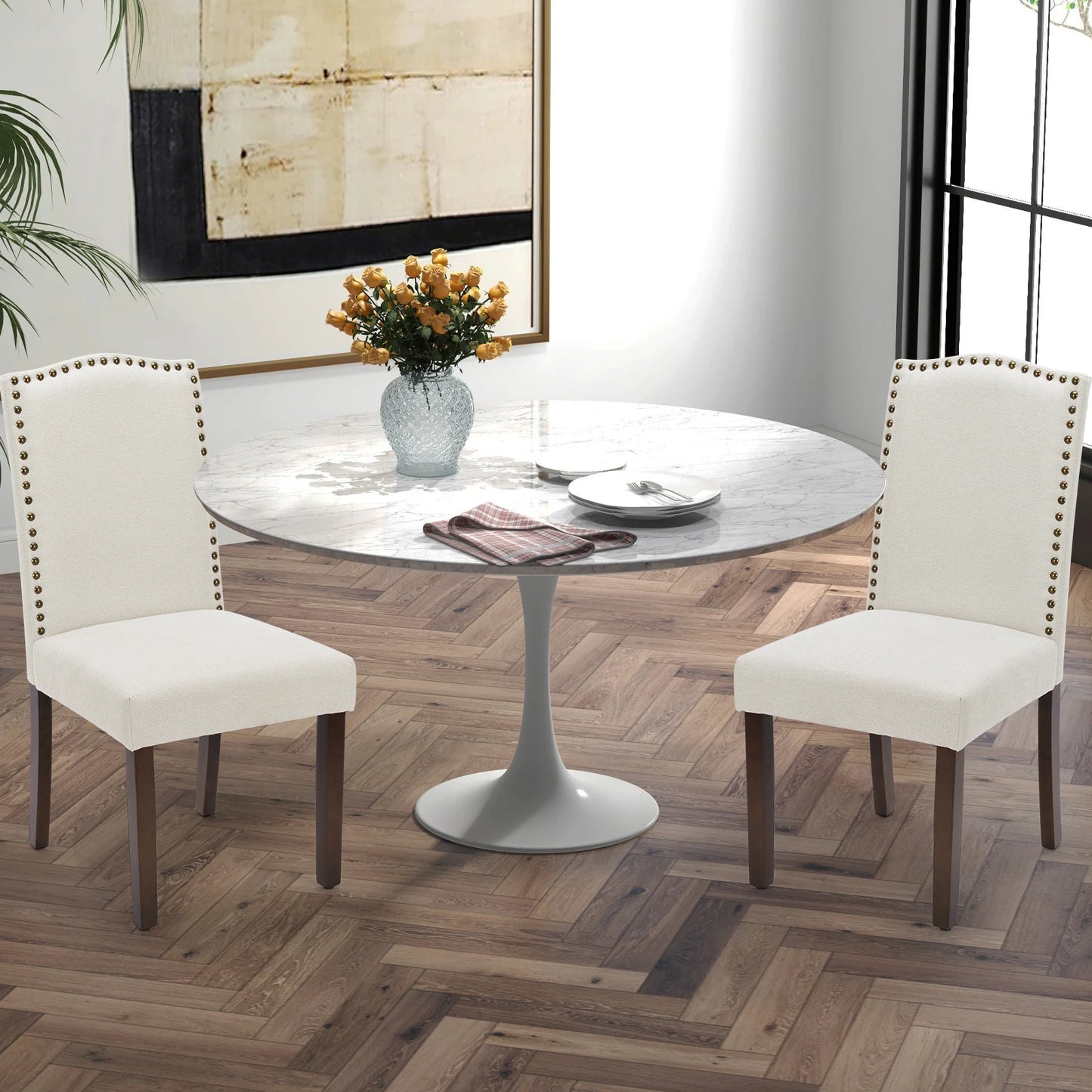 MCQ Farmhouse Fabric Dining Chairs Set With Wooden Legs