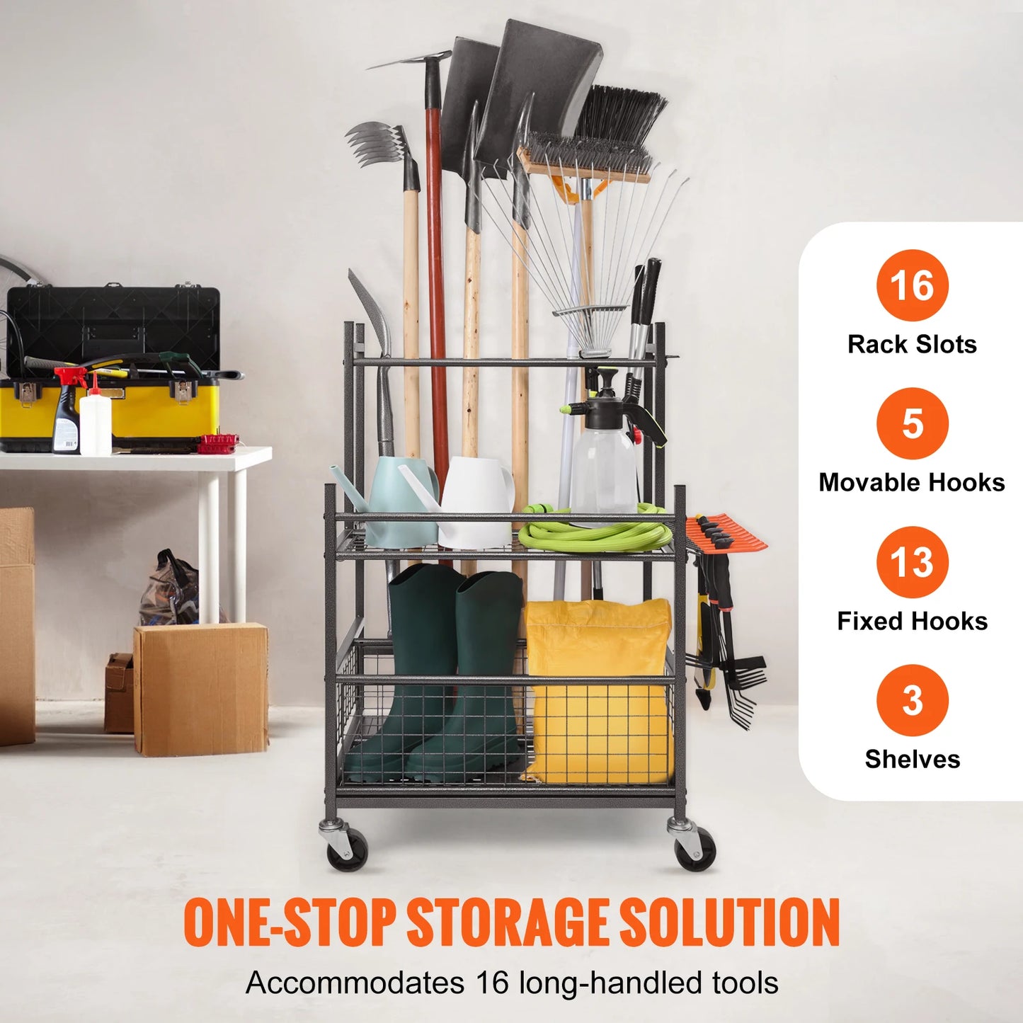 16 Slots Garden Tool Organizer Rack With Hooks And Wheels