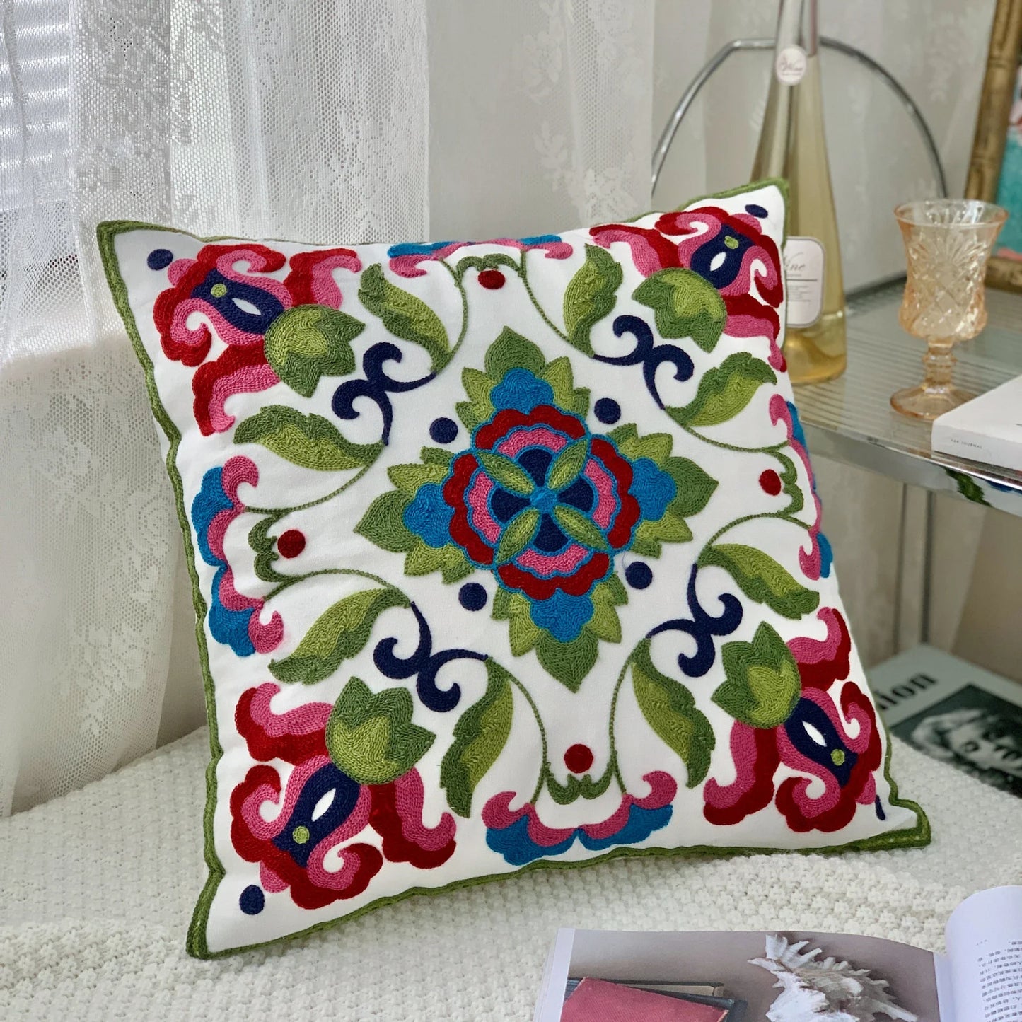 Ethnic Style Floral Embroidered Cotton Pillow Cover