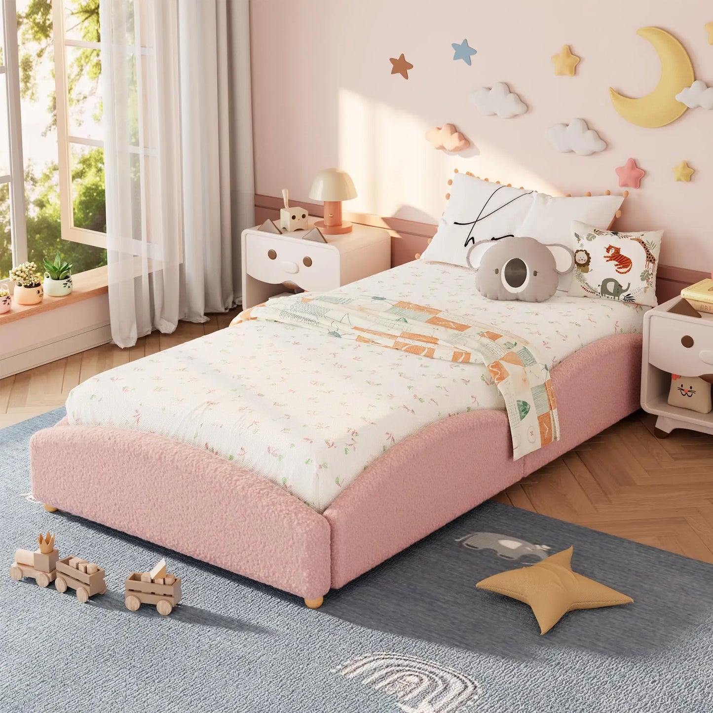 Twin Kids Floor Bed With Raised Sides, Teddy Fabric Upholstered Cloud Daybed, Montessori Platform Bed Frame With Wood Slats, No Box Spring