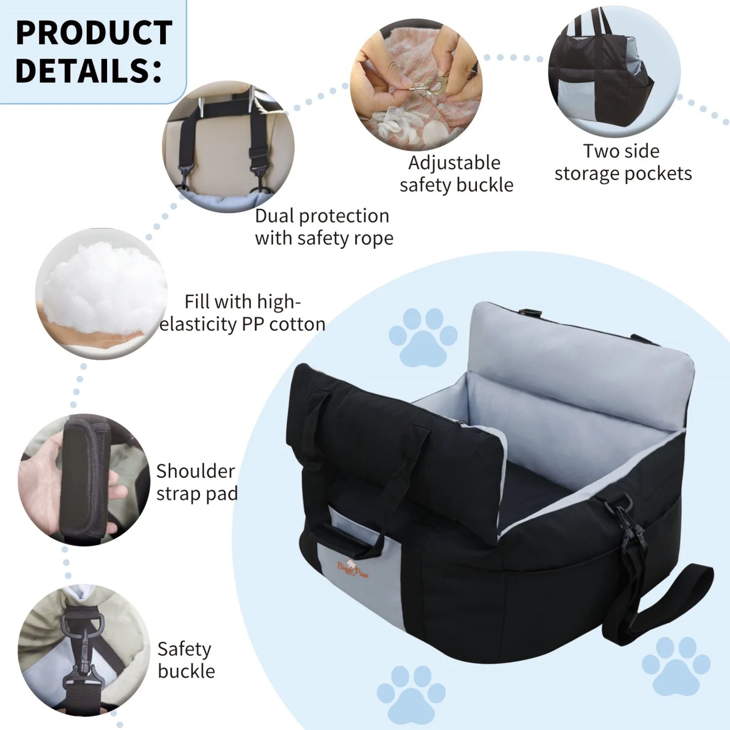 BINGOPAW Dog Car Seat Booster Carrier With Safety Belt