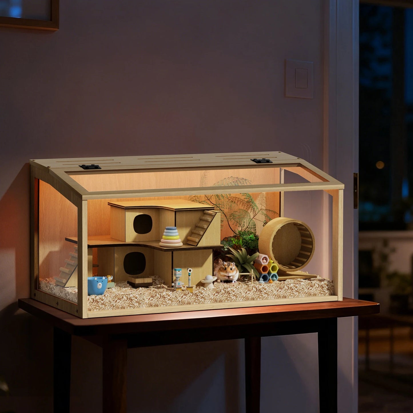 Wooden Hamster Cage With Built In Light For Small Pets