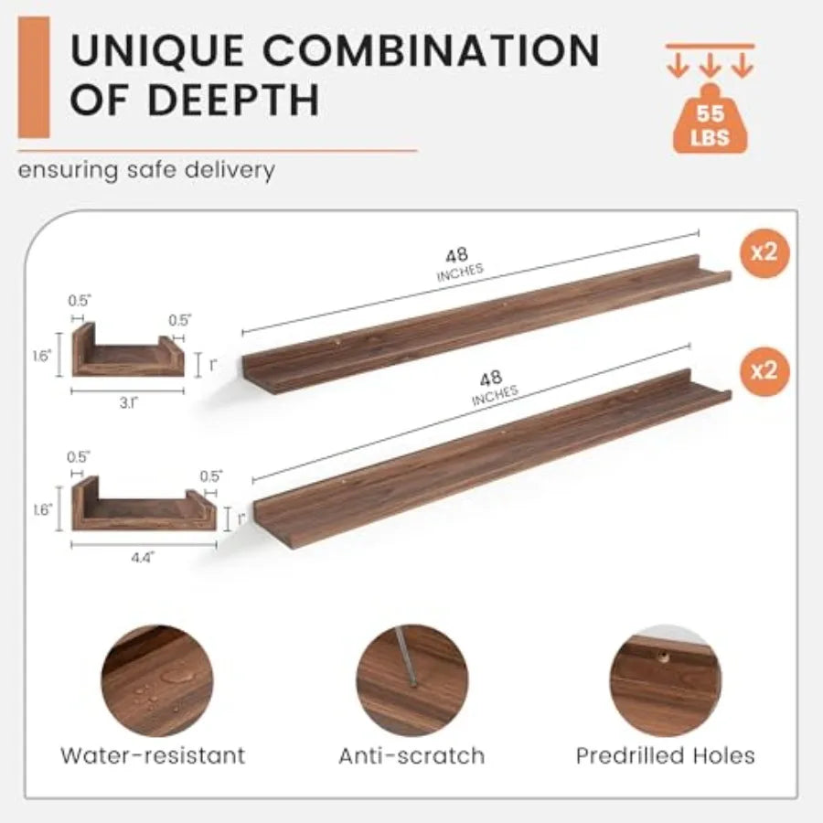Floating Picture Ledge Shelves Of 4 With Lip For Wall