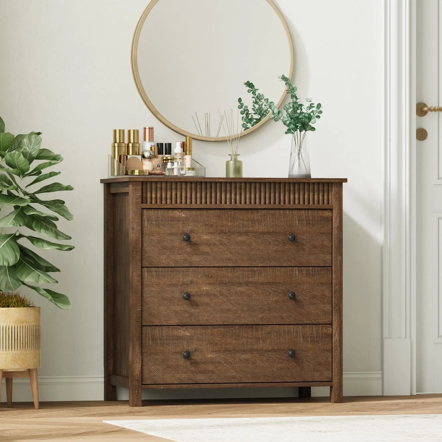31.5 Inch Fluted Nightstand With 3 Drawers, Natural Oak Finish Wood Bedside Table, Large Modern End Table For Bedroom Storage