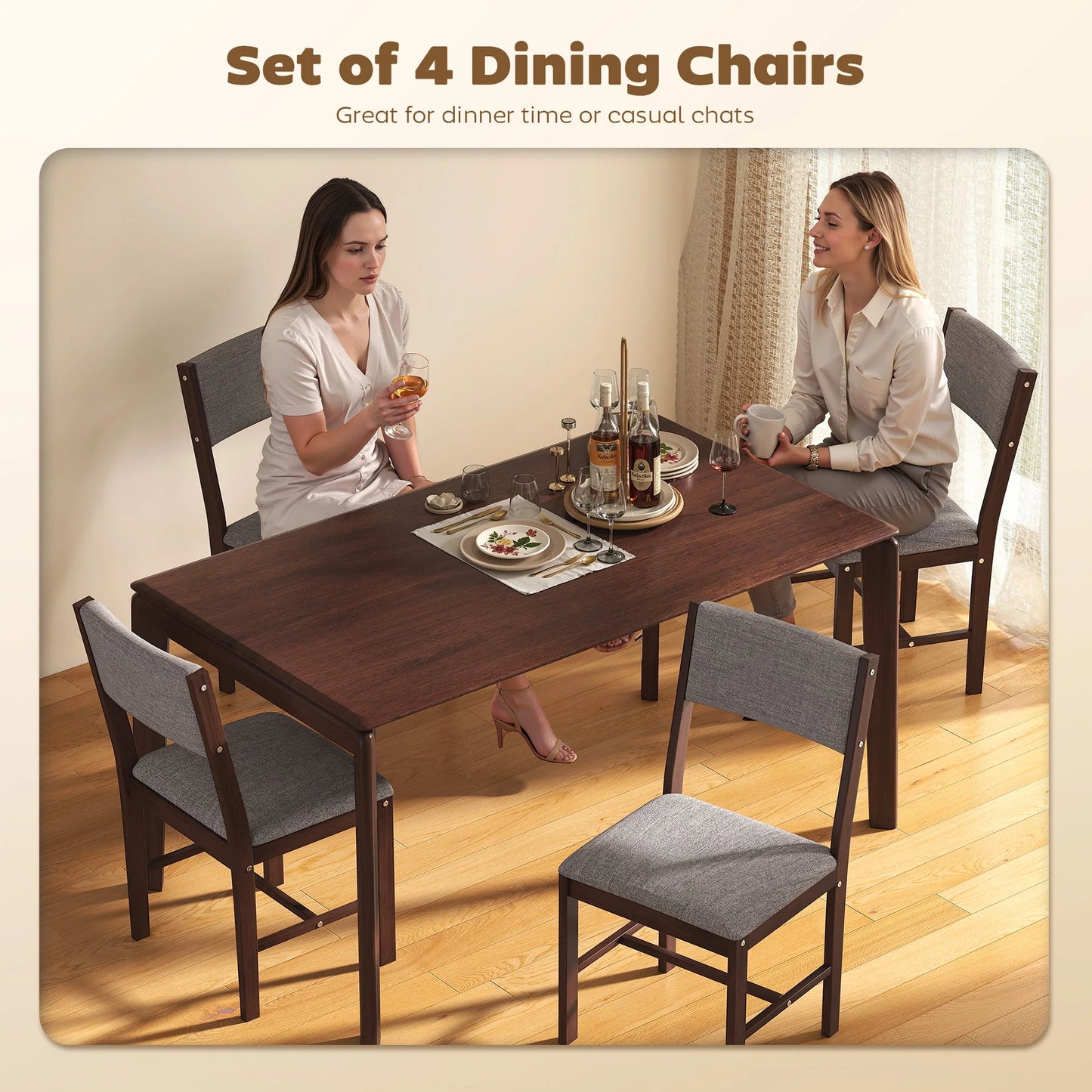 HOMCOM Set Of 4 Solid Wood And Linen Dining Chairs