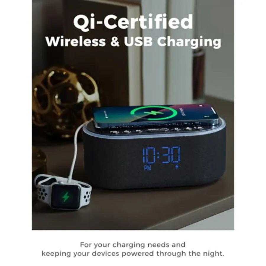 Wireless Charging Alarm Clock Radio With Qi Fast Charger 10W Dimmable Speaker