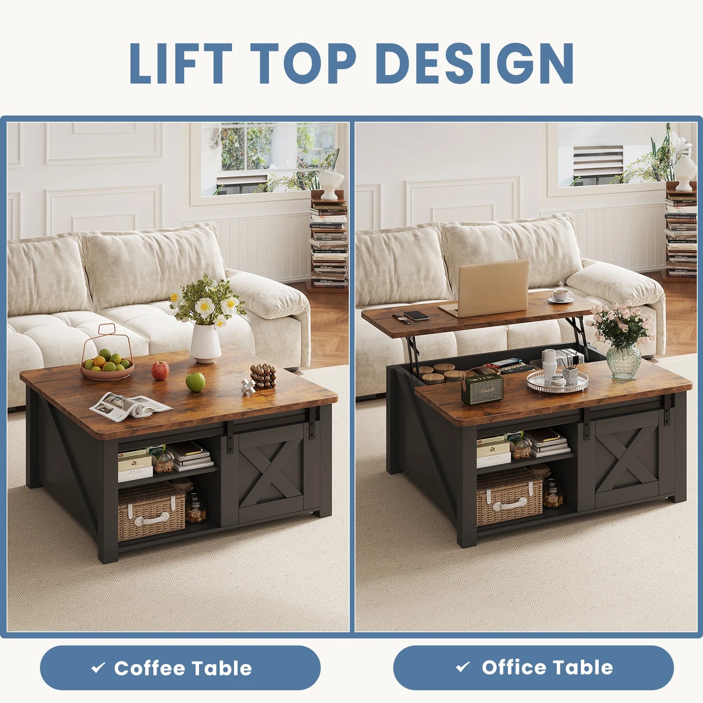 MCQ Lift Top Coffee Table Adjustable Storage Shelf Living Room