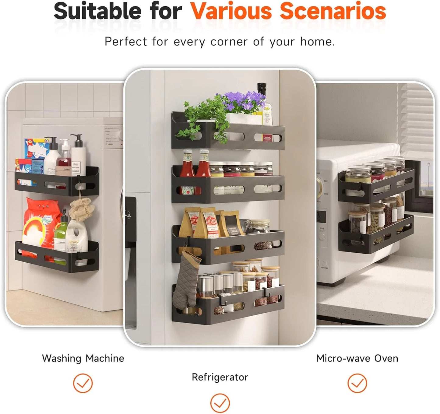 4-Pack Magnetic Spice Racks For Refrigerator With 4 Hooks