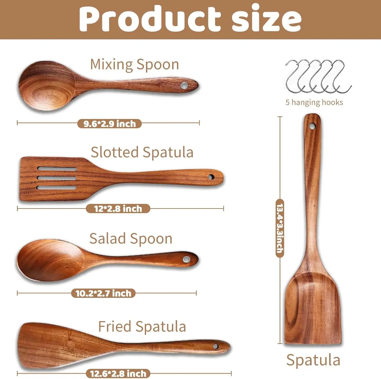 Natural Teak Five Piece Wooden Utensil Set for Nonstick Pans