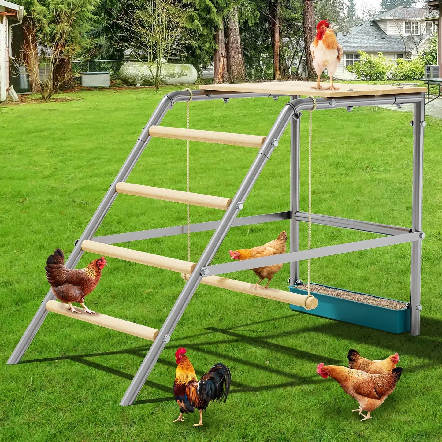 HiMISS Multi-Tier Chicken Roost Perch With Wooden Rungs Galvanized Steel
