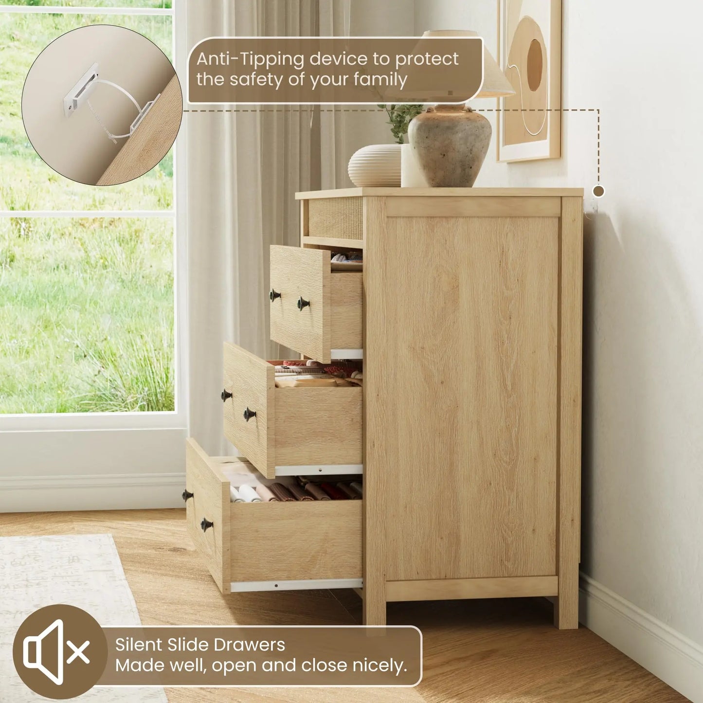 31.5 Inch Fluted Nightstand With 3 Drawers, Natural Oak Finish Wood Bedside Table, Large Modern End Table For Bedroom Storage