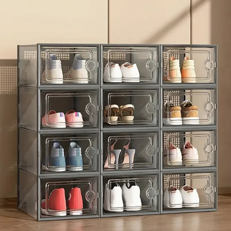 Transparent Stackable Shoe Storage Boxes Foldable Linked Design 12 Pack