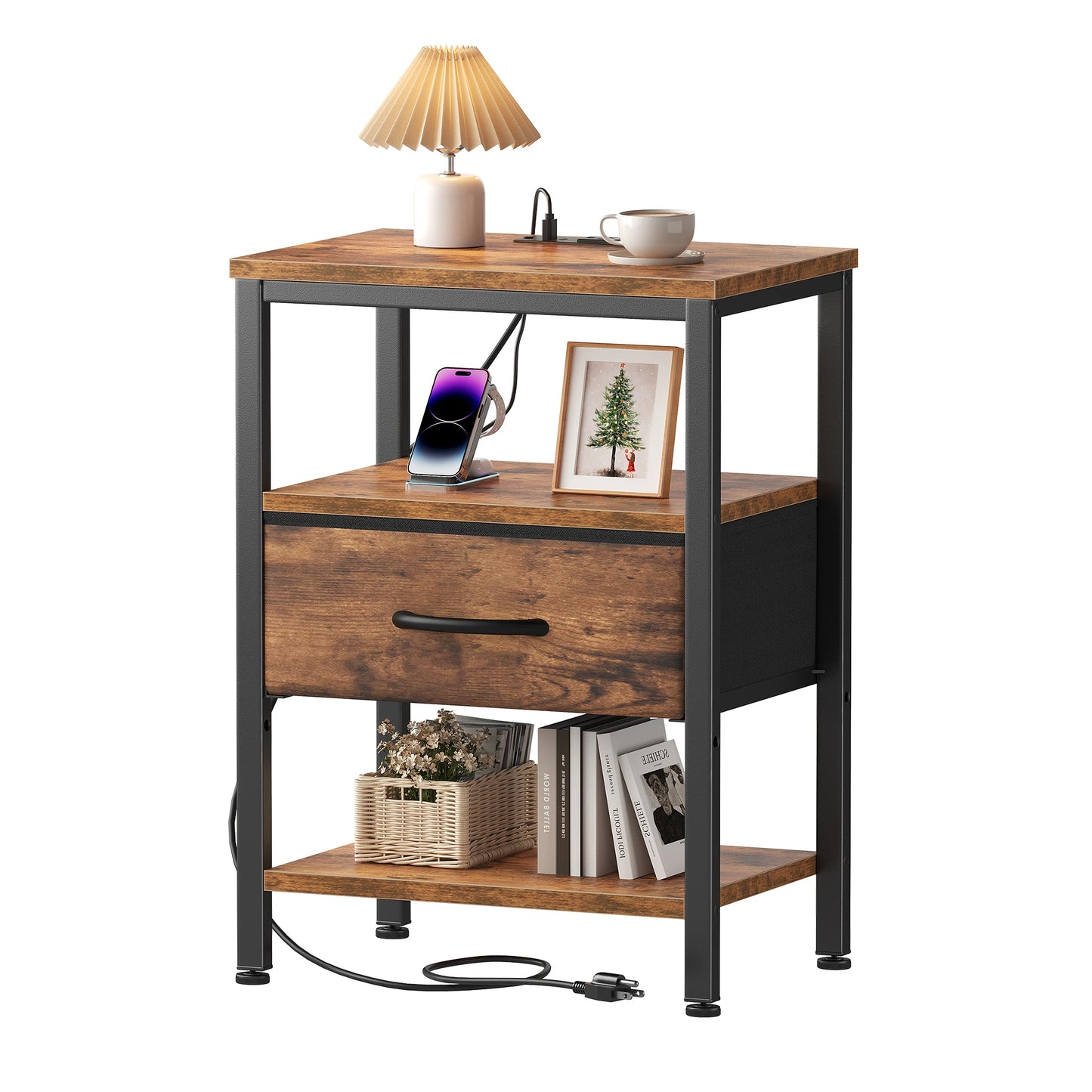 MCQ Nightstand 1 Fabric Drawers with LED Light Strip Cabinets Bedside End Table Storage With Charging Station for Home Furniture