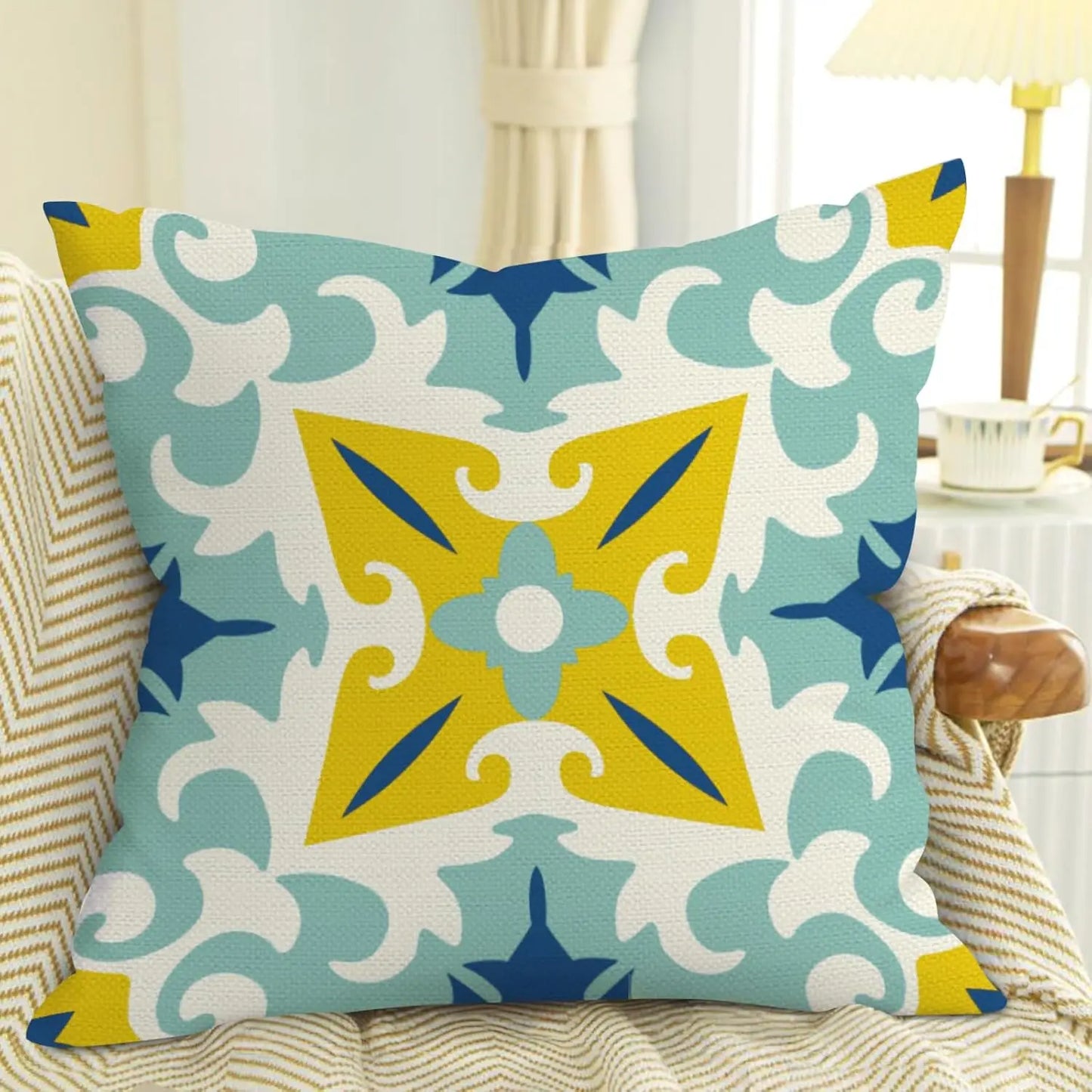 Mediterranean Tile Throw Pillow Covers Geometric Cushion Set