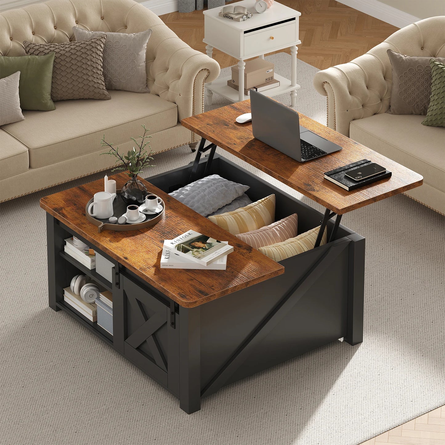 MCQ Lift Top Coffee Table Adjustable Storage Shelf Living Room