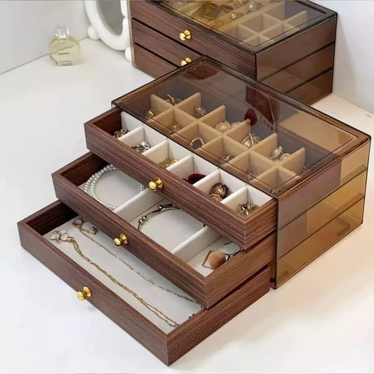 Multi Layer Wooden Jewelry Box With Transparent Window Organizer