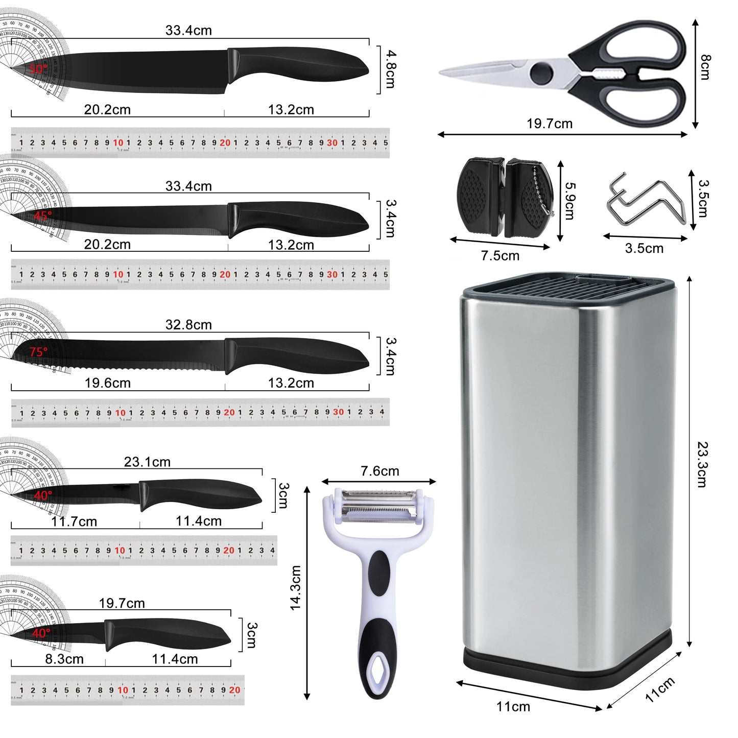 Stainless Steel Kitchen Knife Set With Universal Knife Block