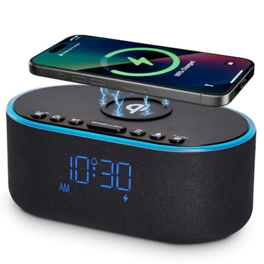 Wireless Charging Alarm Clock Radio With Qi Fast Charger 10W Dimmable Speaker