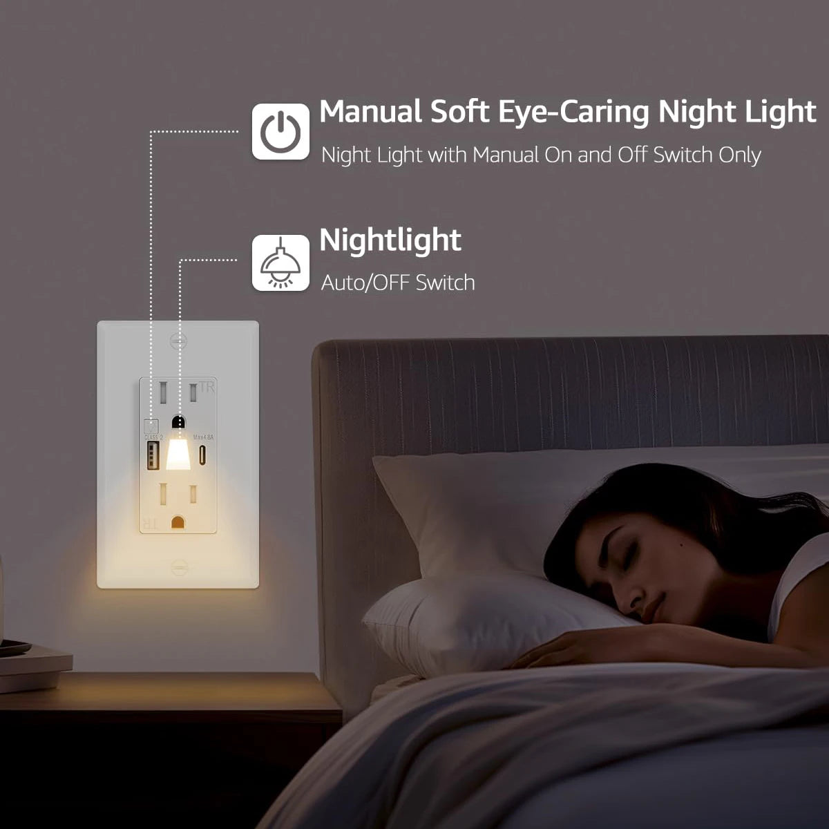 Night Light Outlet With 24W USB-C and USB-A Charging