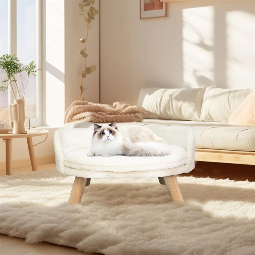 BINGOPAW Luxury Plush Cat Bed With Wood Leg Frame Washable