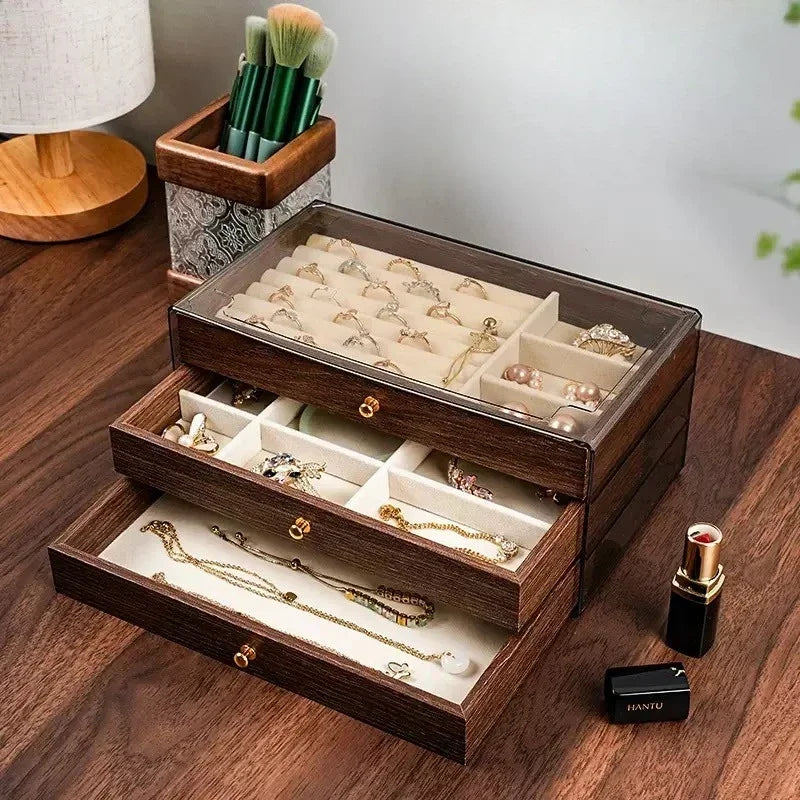 Multi Layer Wooden Jewelry Box With Transparent Window Organizer