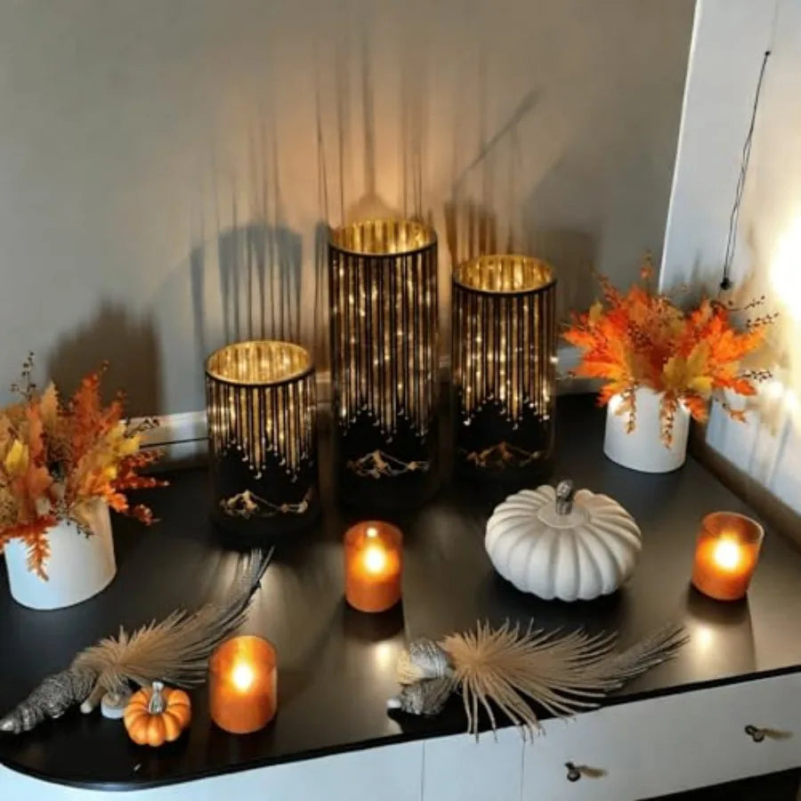 Illuminated Starry Night Hurricane Candle Holders Set 3 With LED Lights Remote