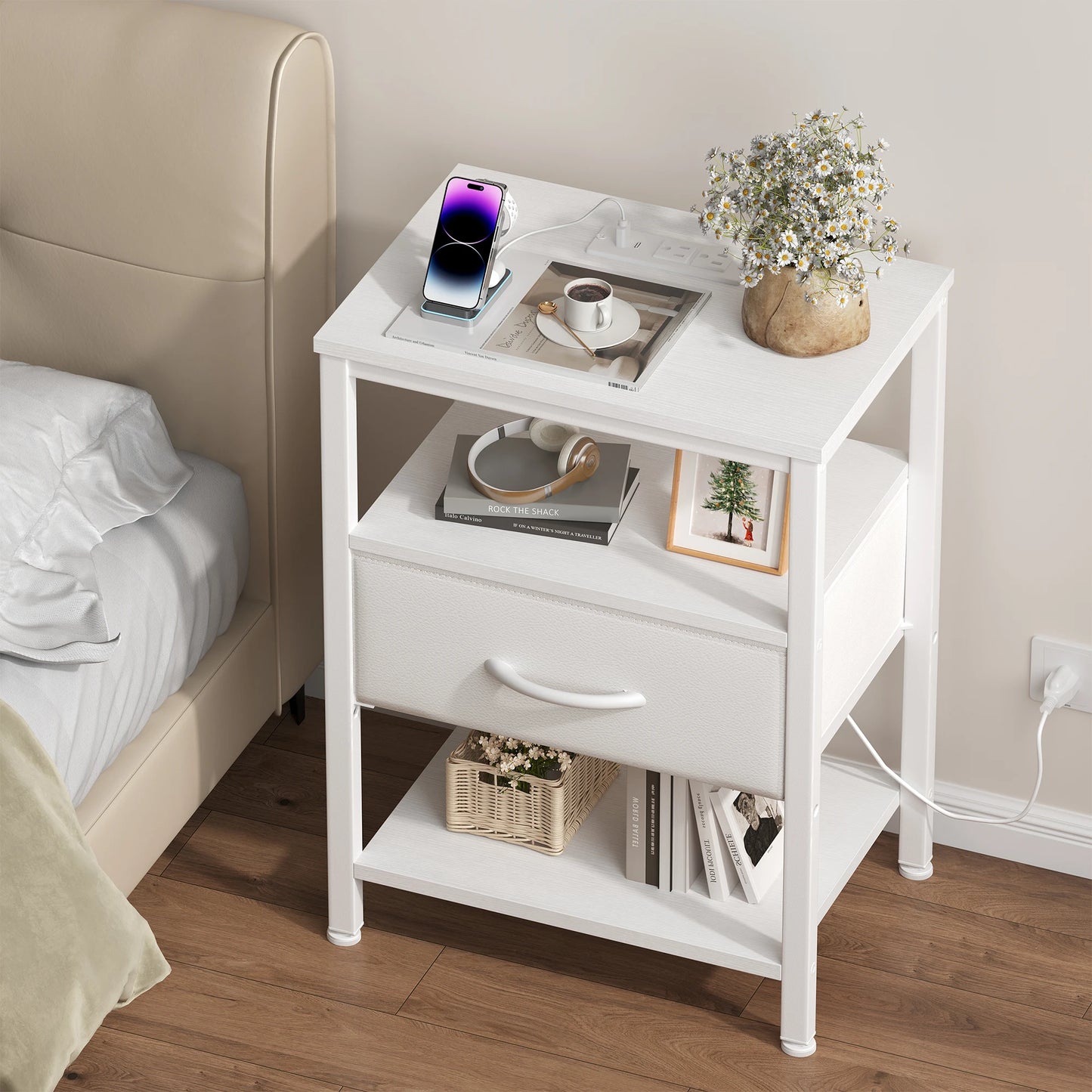 MCQ Nightstand 1 Fabric Drawers with LED Light Strip Cabinets Bedside End Table Storage With Charging Station for Home Furniture